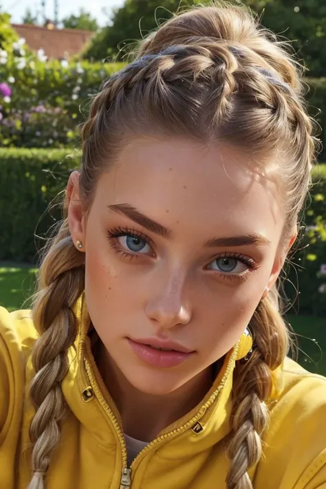 a close up of a woman with a braid in her hair