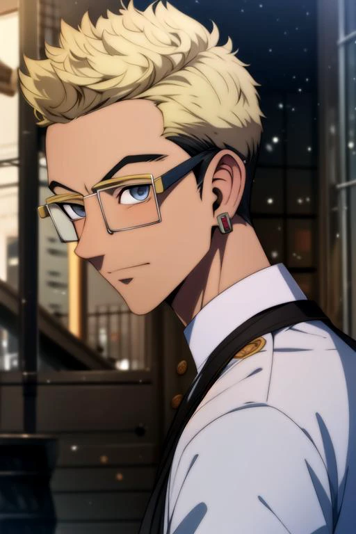 (best quality:1.1), (masterpiece:1.4), game cg, looking at viewer, , , ligne claire, realistic, 1boy, solo, male focus, <lora:tetta_kisaki:1>, tetta_kisaki, blonde hair, grey eyes, short hair, glasses, undercut, french costume, dieselpunk, 4k resolution