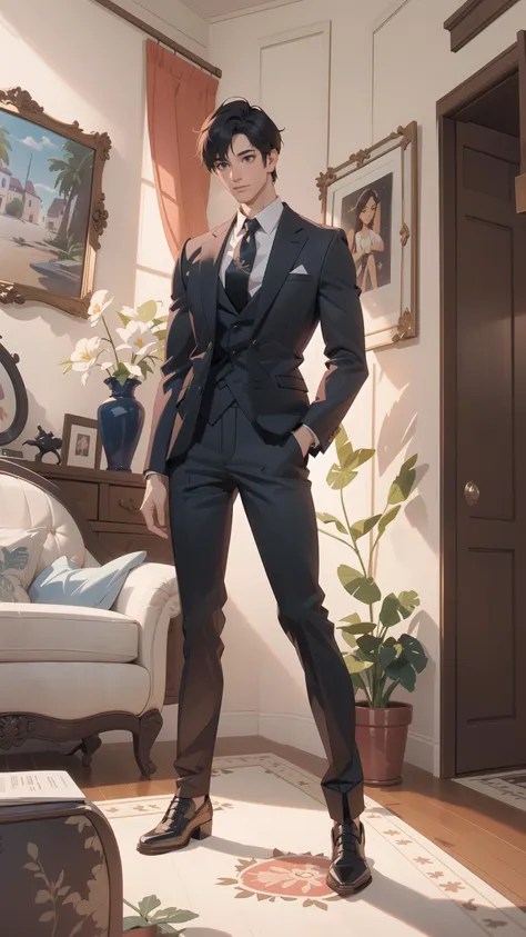 anime character dressed in a suit and tie standing in a living room