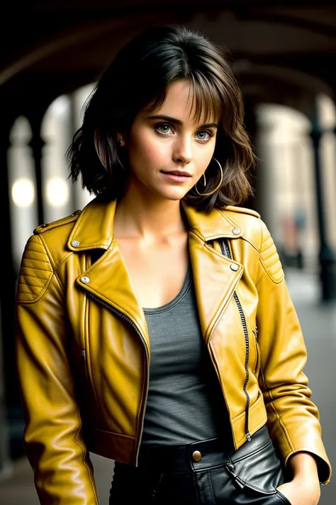 beautiful woman (c0urt400:.99), beautiful short hair, ((closeup portrait:1.2)), ((face focus)), (((London))), natural skin texture, ((leather jacket, yellow long sleeve top, and straight-leg pants :1.2)), 24mm, 4k textures, soft cinematic light, adobe ligh...