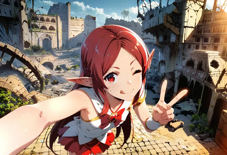 anime girl with red hair pointing up in front of a castle