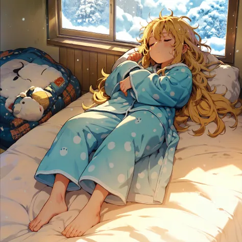 anime girl laying on bed with stuffed animals in background