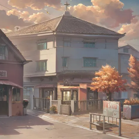 anime - style picture of a street with a building and a bench