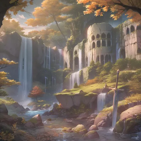 PonyXLV6_Scores,realistic,Highly Detailed,Attention to details,UHD,<lora:Worldly_XL:1>,High Fantasy Realms,in autumn,dusk,Dreamy forest,waterfall,gradient_sky,stratus,golden hour lighting,moss-covered ruins,broken swords,ripped flag,old battlefield,skeleto...