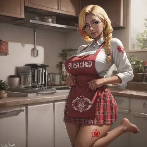 there is a woman in a red apron posing in a kitchen