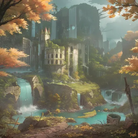 a painting of a castle in the middle of a forest