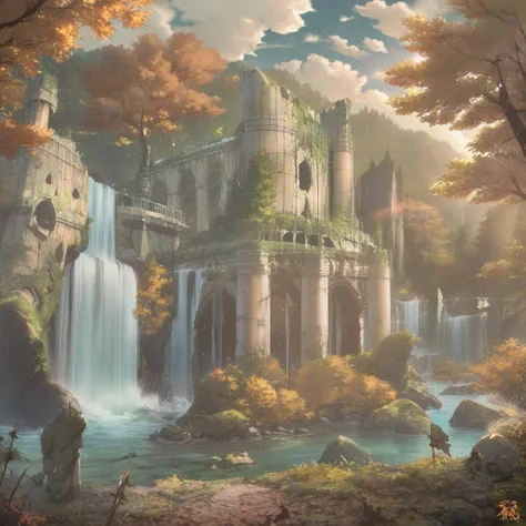 painting of a castle in the middle of a forest with a waterfall