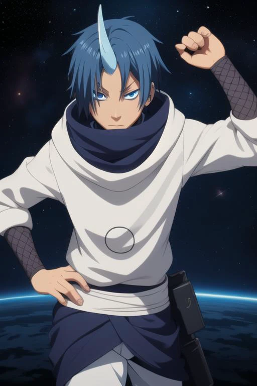 masterpiece, best quality, illustration, 1boy, solo, male focus, looking at viewer, , , <lora:souei_tensei_shitara:0.70>, souei_tensei_shitara, blue hair, blue eyes, single horn, graduation costume, science fiction space western, 32k resolution