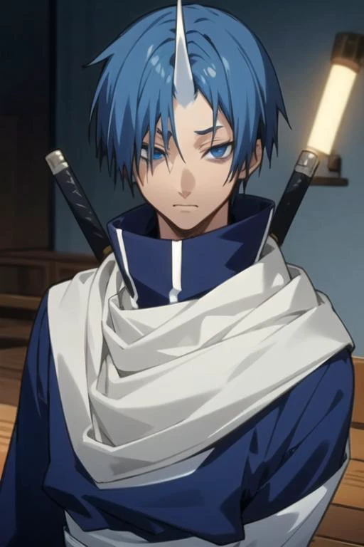 masterpiece, best quality, game cg, 1boy, solo, male focus, looking at viewer, upper body, , <lora:souei_tensei_shitara:0.66>, souei_tensei_shitara, blue hair, blue eyes, single horn, , atompunk, HD-DVD