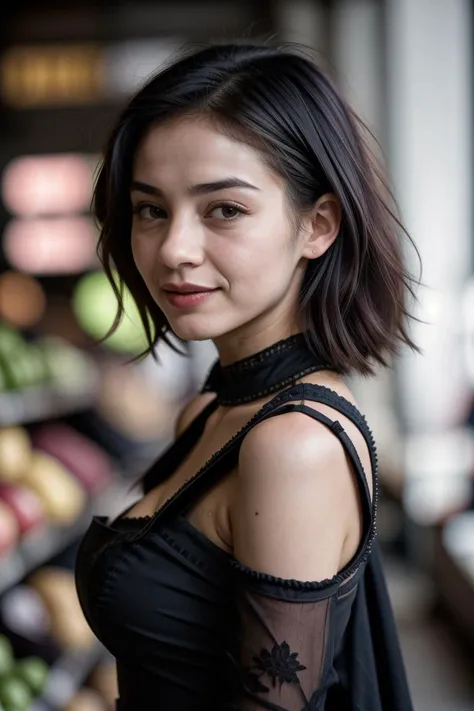 RAW photo,  tv_Jane_Pink_MXAI_V1,  happy expression,standing, ((wearing goth dress)), in a super market, looking over the shoulder, full body shot,  flirting with the camera, instagram pose, photo, f1.4, 40mm,  raw, 8k, textured skin, skin pores, intricate...