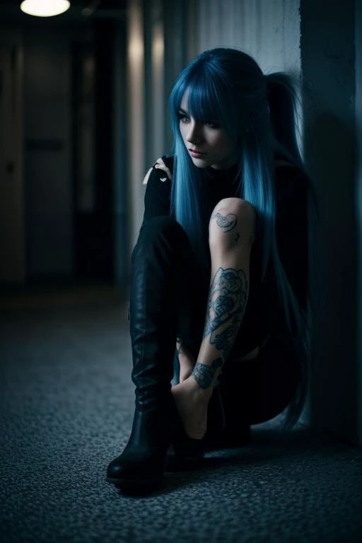 young adult swedish (woman:1.2),
,small,
knee high boots,
blue hair,long hair,
mascara,ankle tattoo,
deli
 <lora:epi_noiseoffset2:1>