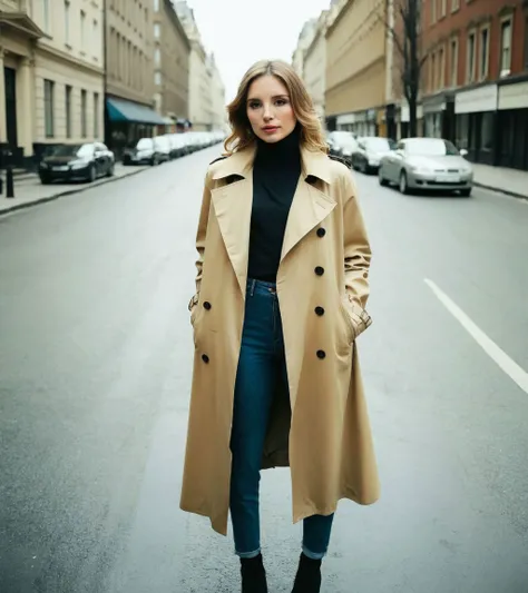 (wxpippper:1.1),<lora:SDXL_piperXL:0.99> breathtaking polaroid photo a portrait of a beautiful a woman in a trench coat is standing in the middle of a street, the most clever photographer style, astonishing, gorgeous, imaginative, brilliant