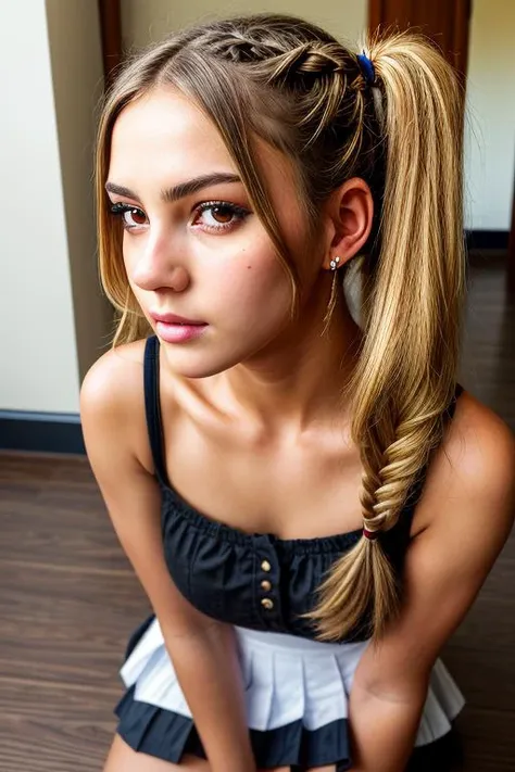 a close up of a young woman with a ponytail in a dress