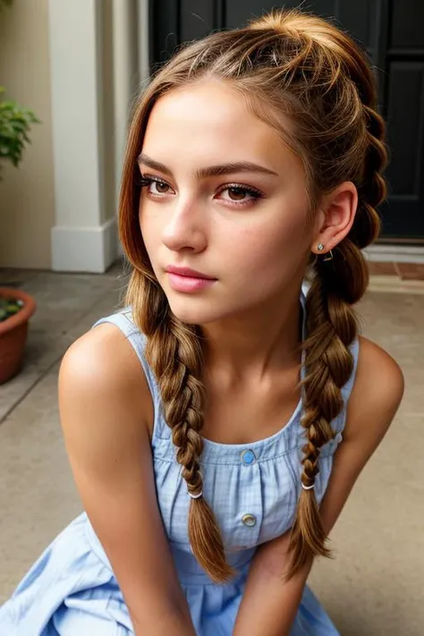 a close up of a young girl with a braid in her hair