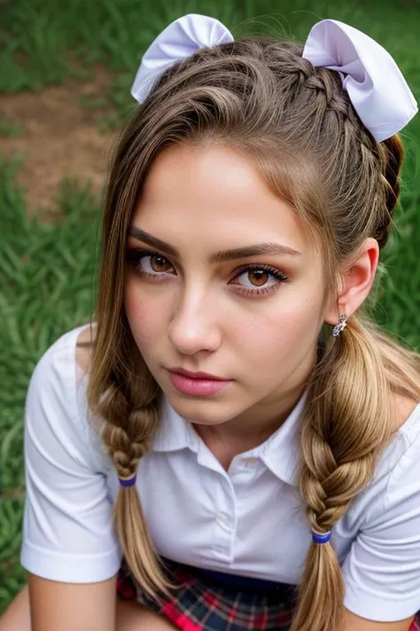 a close up of a girl with a ponytail and a bow on her head