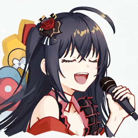 anime girl singing into a microphone with a red rose in her hair