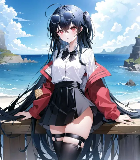 anime girl with long black hair and red cape posing on a railing