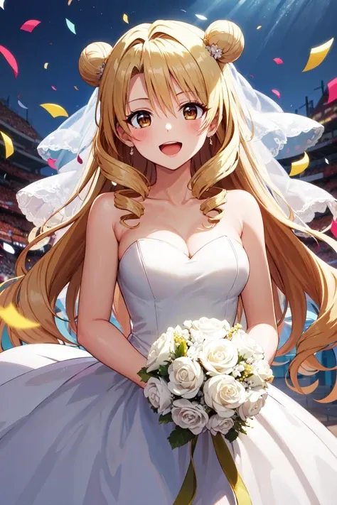 masterpiece, best quality, highres, 1girl, solo, long hair, blonde hair, double bun, drill hair, brown eyes, <lora:tenjouin_saki_v1:0.7>, wedding dress, white dress, strapless, holding bouquet, cowboy shot, smile, open mouth, confetti,