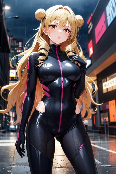 masterpiece, best quality, highres, 1girl, solo, long hair, blonde hair, double bun, drill hair, brown eyes, <lora:tenjouin_saki_v1:0.7>, cyberpunk, street, city, night, bodysuit, partially unzipped, gloves, (rainy:1.2), wet, standing,