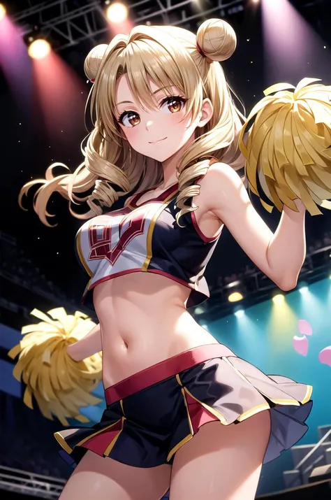 (masterpiece, best quality, detailed), 1girl, solo, looking at viewer, long hair, blonde hair, double bun, drill hair, brown eyes,
cheerleader, pom pom (cheerleading), crop top, midriff, miniskirt, stage, stage lights, spotlight, concert, audience, contrap...