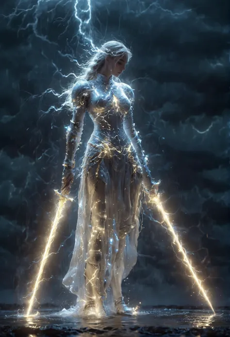 a woman in a white dress standing in the water with lightning