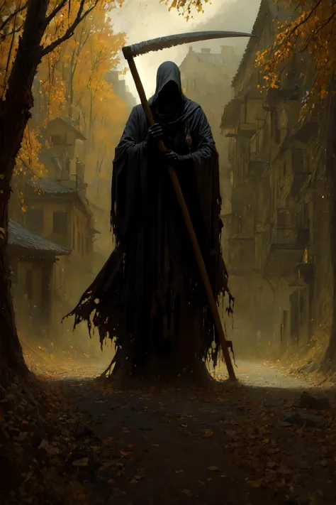 a person with a scythe standing in a dark alley