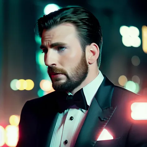 arafed man in tuxedo looking at camera with city lights in background