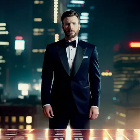 arafed image of a man in a tuxedo standing in front of a city at night