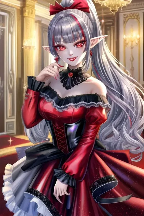 (half body, cowboy shot:1.2), professional image of a cute vampire girl, (frilly elegant satin vampire dress, vampire brooch, vampire earrings, vampire accessories),
(vampire wings:1.1), (hair, ponytail, hair above cheeks, grey hair with red hairtips, grad...