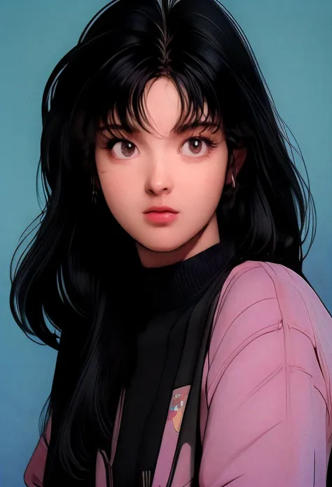 a close up of a woman with long black hair and a pink jacket