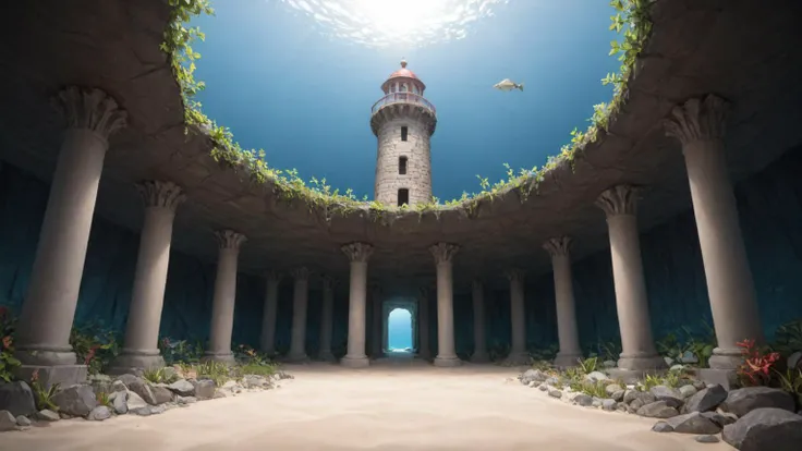 no humans, photorealistic, photo (medium), detailed landscape, underwater, lost city of Atlantis, light coming from the abyss, gemstone, fish, unnatural light, ancient lighthouse, ruins, abyss, coral reef