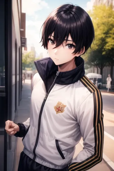 masterpiece, best quality, high quality, 1boy, solo, male focus, looking at viewer, upper body, <lora:cid_kagenou:0.60>, cid_kagenou, black hair, black eyes, hair between eyes, , track suit