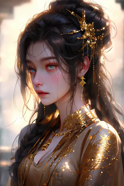 gold tattoos with a girl in rain with golden earrings, in the style of vray tracing, martin ansin, yuumei, poured, close up, dark white and gold, speedpainting, <lora:niji_20230529141232:0.9> <lyco:GoodHands-beta2:1>, masterpiece, best quality,