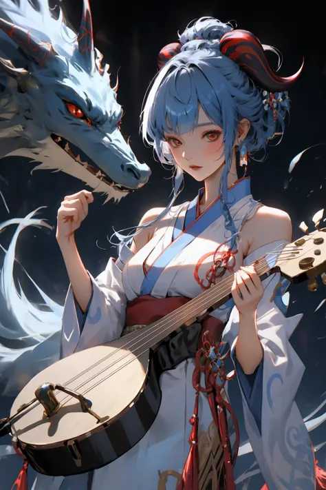 <lora:niji_20230529141232:0.7> <lora:ganyuGenshinImpact_offset:0.7> ganyu (genshin impact), pipa (instrument), red demon horn, blue hair, white hanfu, masterpiece, best quality,