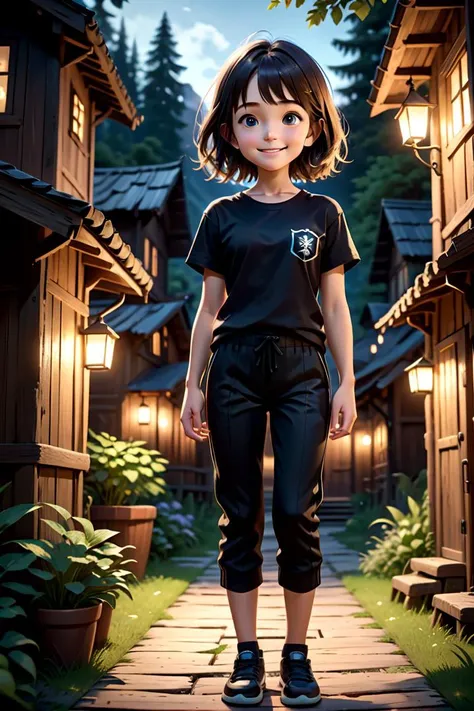 <lora:cutifiedanimecharacterdesign_variant_type_C_SDXL_v10:0.55>
one girl standing alone in a wooden village, hair is short, wearing a t-shirt and black box pants, 
full body, looking at viewer, smile,
The soft lighting and detailed surroundings create an ...