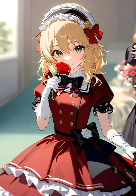 1girl, 
sakurai momoka, idolmaster, 
smile, rose, blurry, holding, black hairband, red flower, red dress, flower, red rose, bow,...