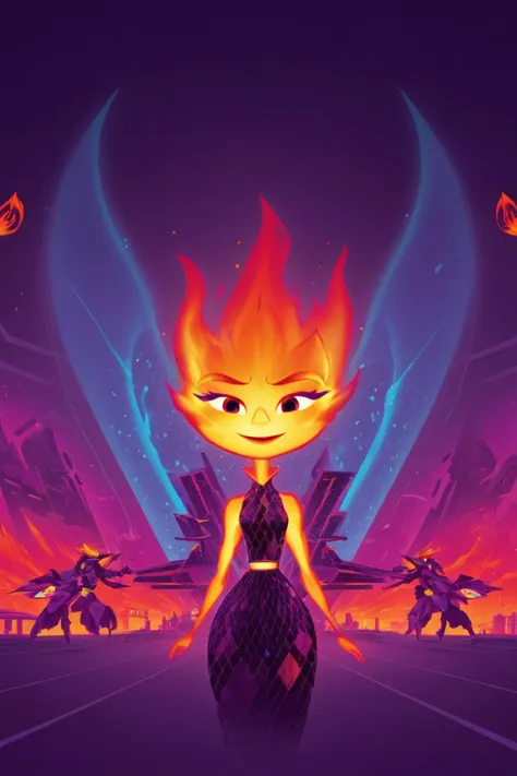 a cartoon character with a flame on her head and a dress