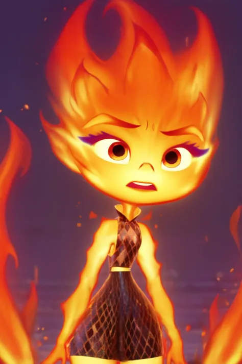 a cartoon girl with a dress and a fire on her head