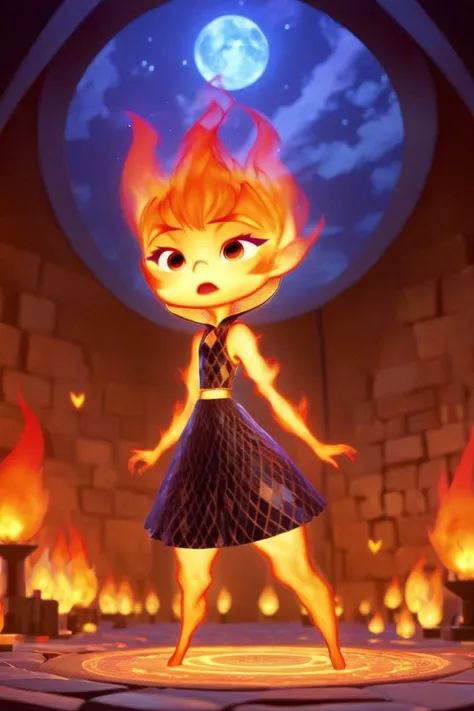 a cartoon girl in a dress standing on a stage with fire