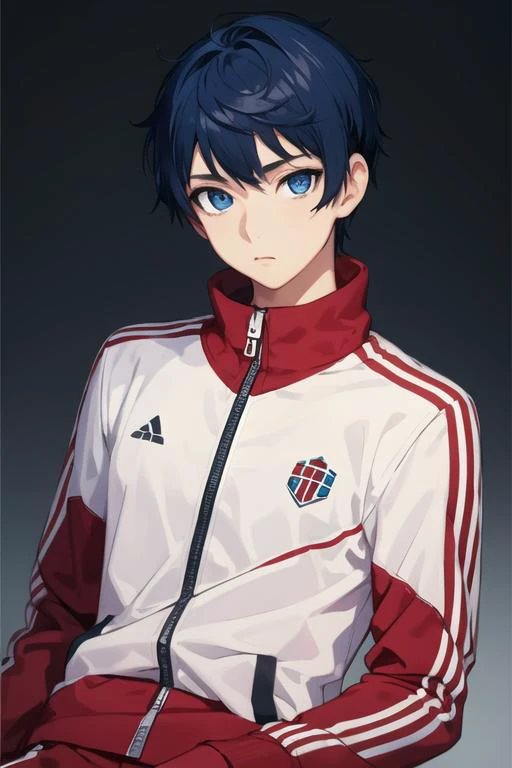 masterpiece, best quality, high quality, 1boy, solo, male focus, looking at viewer, upper body, <lora:schlain_zagan_analeit:0.54>, schlain_zagan_analeit, blue eyes, blue hair, realistic, track suit