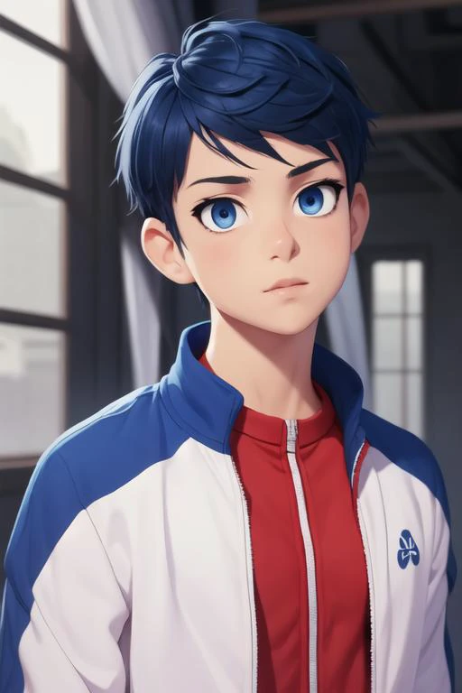 masterpiece, best quality, high quality, 1boy, solo, male focus, looking at viewer, upper body, <lora:schlain_zagan_analeit:0.64>, schlain_zagan_analeit, blue eyes, blue hair, , track suit