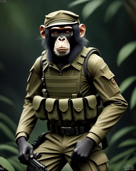 a monkey in military clothing, monkey navy seals, subject chimp, cyber monkey in the scifi forest, marmoset render, closeup , fashion magazine, smooth, sharp focus, 8 k,