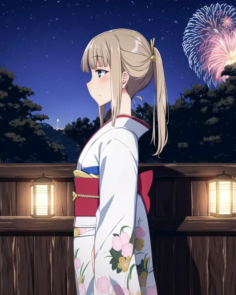 highres, 1girl, print kimono, obi, festival, outdoors, fireworks, from side, japanese clothes, close-up, wooden railing, looking away, tree, night sky