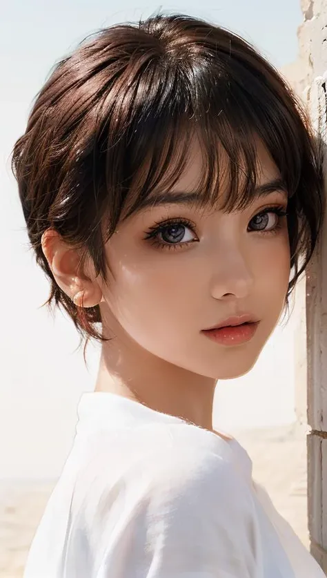 masterpiece, best quality, 1girl, brown hair,  brown eyes,  beautiful eyes,  white shirt, portrait,  from above,   <lora:asianGirlsFace_v1:0.8>,  <lora:weight_slider_v2:0.8>,  <lora:skin_tone_slider_v1:0.8>,   <lora:hair_length_slider_v1:-4>  backlighting