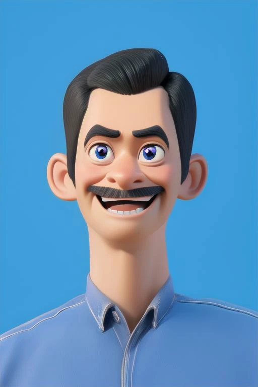 a cartoon man with a mustache and a blue shirt