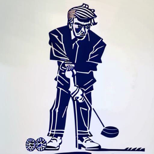 stencil, vector art, solo, the_trump, standing, shoes, golfing, golf, golf club, <lora:stencil_v1:1>,  monochrome, simple background