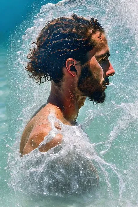 there is a man with a beard and a beardless face in the water