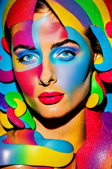 a close up of a woman with colorful makeup and a colorful hat