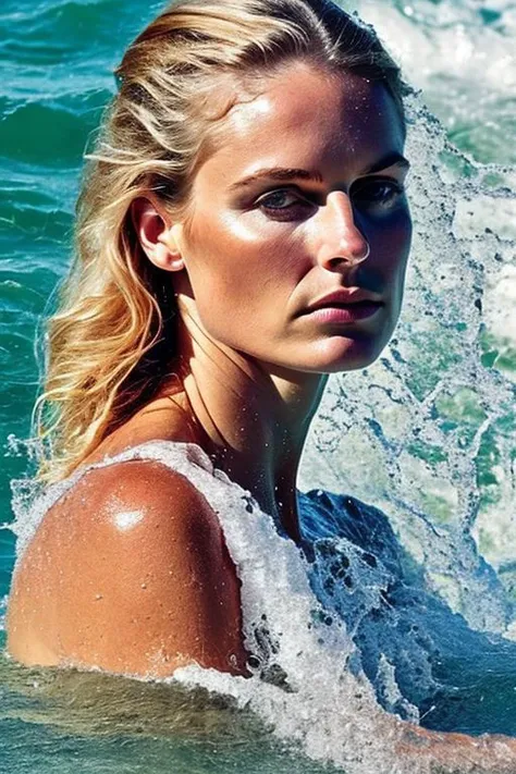 blond woman in the water with a surfboard