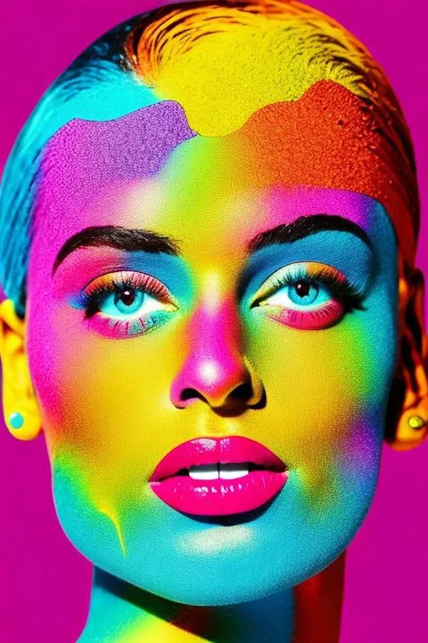 a woman with bright makeup and colorful makeup looks into the camera